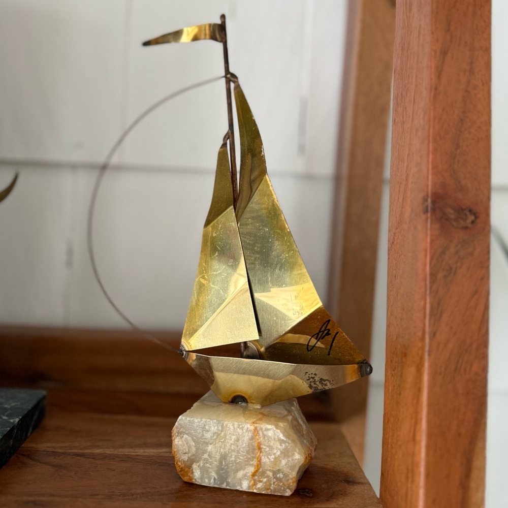 Signed MCM brass Gold Sailboat Sculpture on stone rock